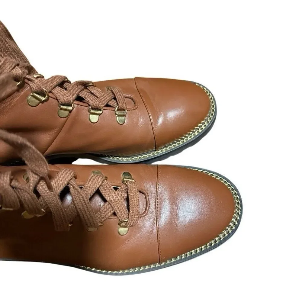 STUART WEITZMAN BROWN KOLBIE GOLD CHAIN COMBAT BOOT SZ 9.5